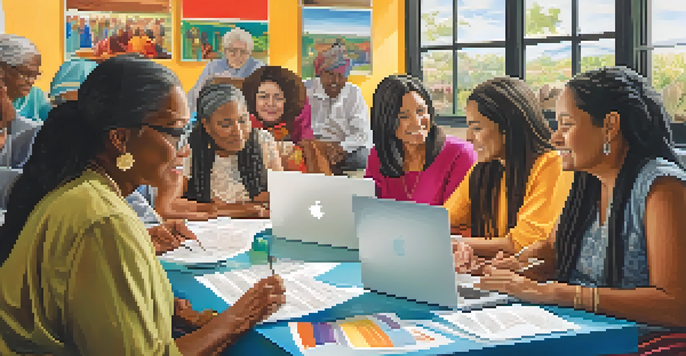 A diverse group of women gathered in a bright meeting room, discussing and collaborating over documents and laptops.