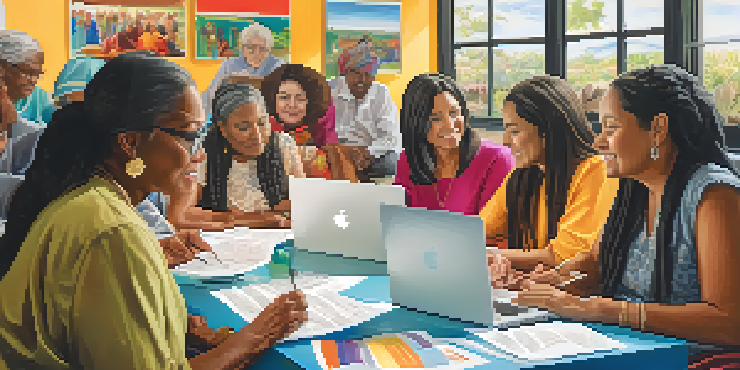 A diverse group of women gathered in a bright meeting room, discussing and collaborating over documents and laptops.