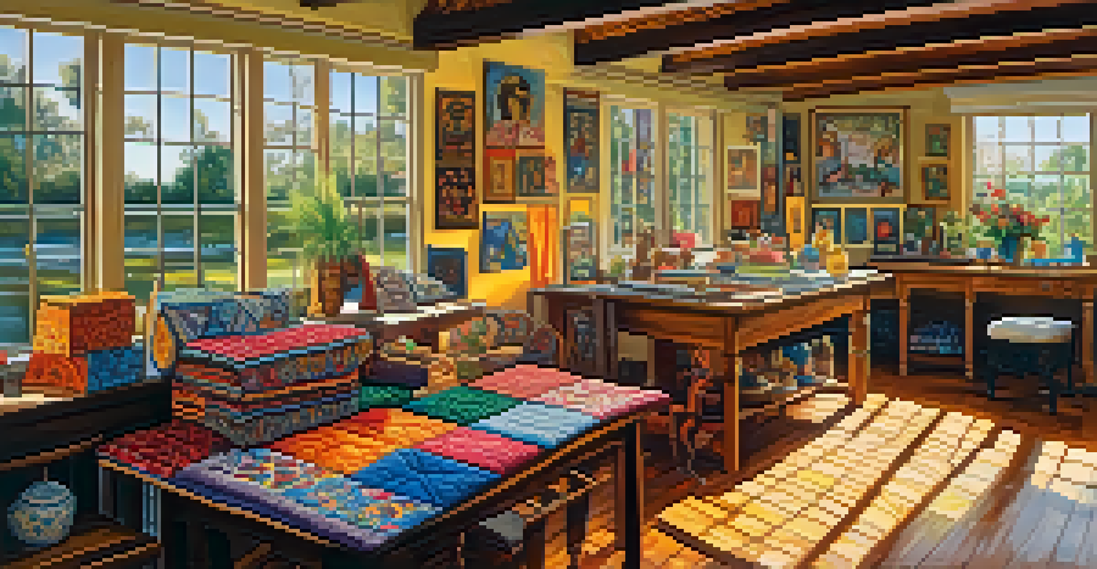 An artist's studio filled with Creole art, including quilts and pottery, bathed in sunlight, showcasing the beauty of cultural craftsmanship.