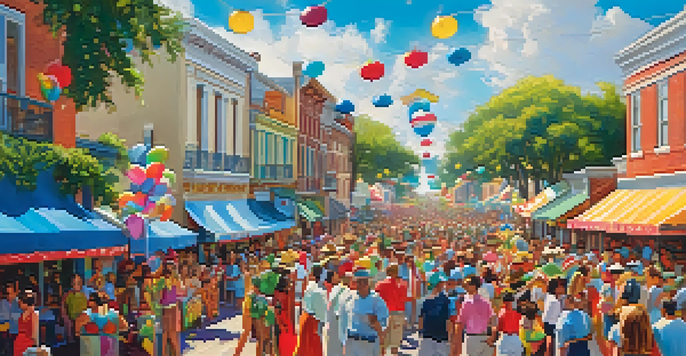 A lively Louisiana festival with colorful floats and happy people in festive clothing, set against a bright blue sky and historic buildings.