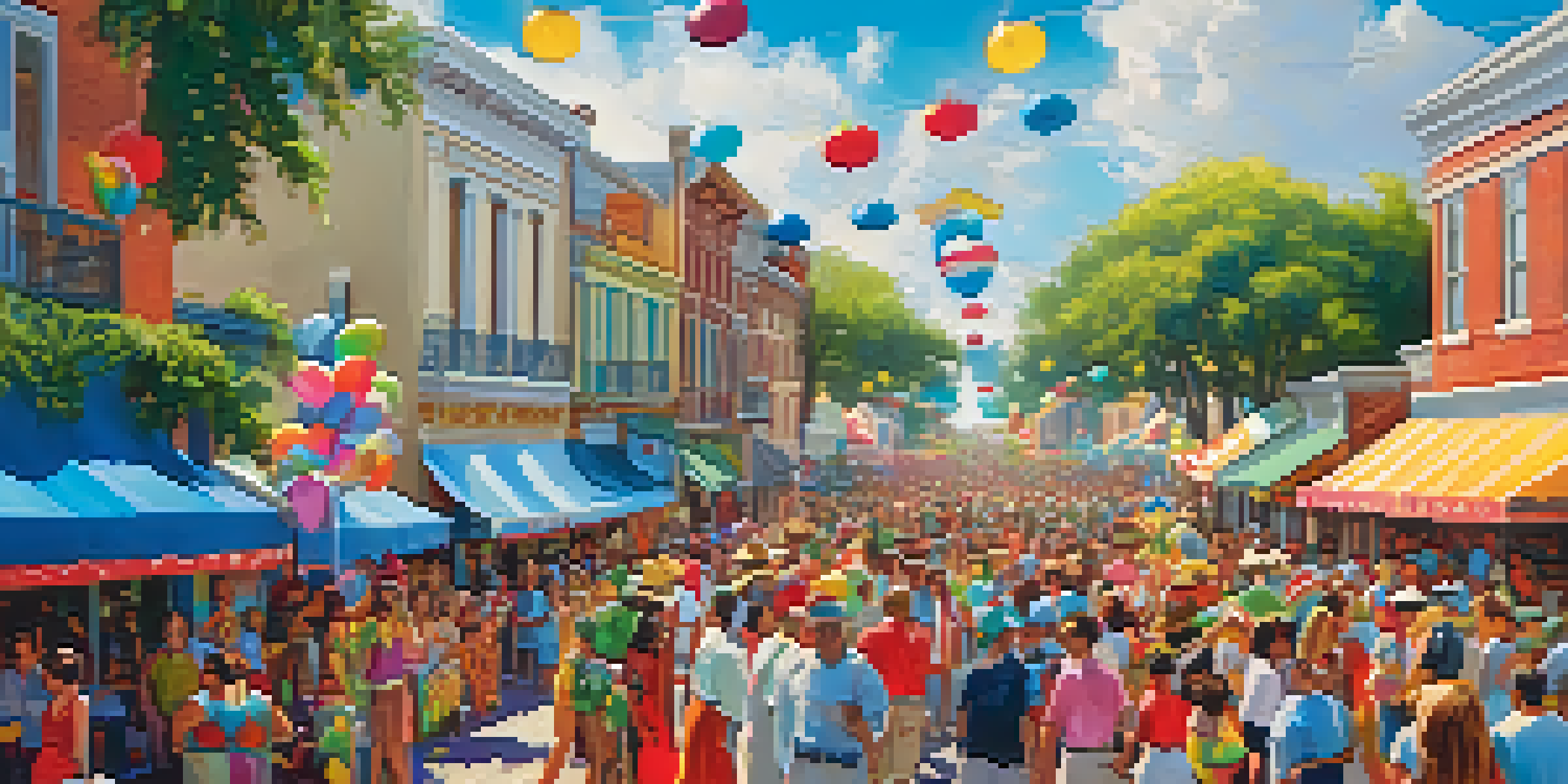 A lively Louisiana festival with colorful floats and happy people in festive clothing, set against a bright blue sky and historic buildings.