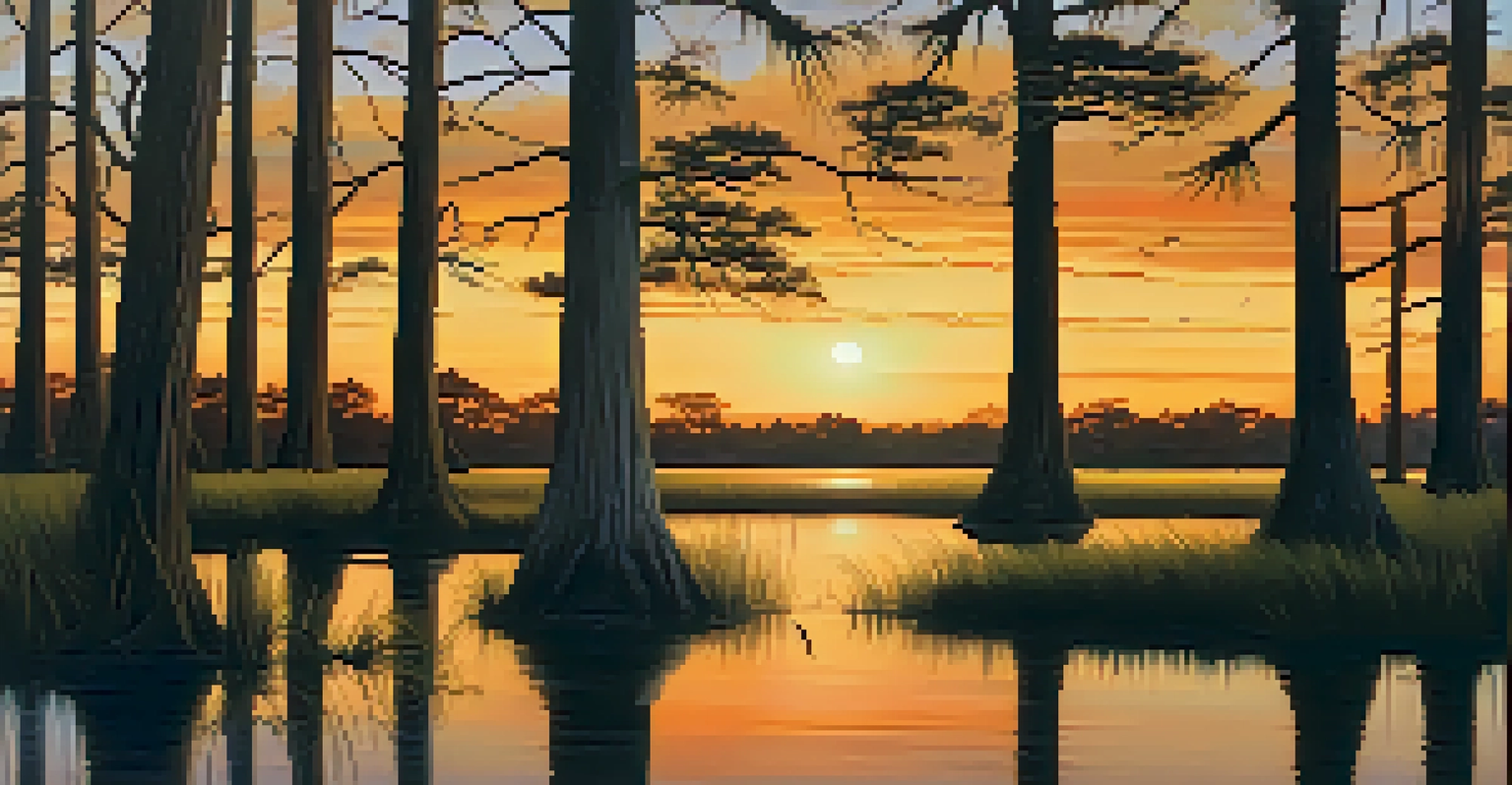 A serene Louisiana bayou at sunset, featuring cypress trees, reflective water, and wildlife.