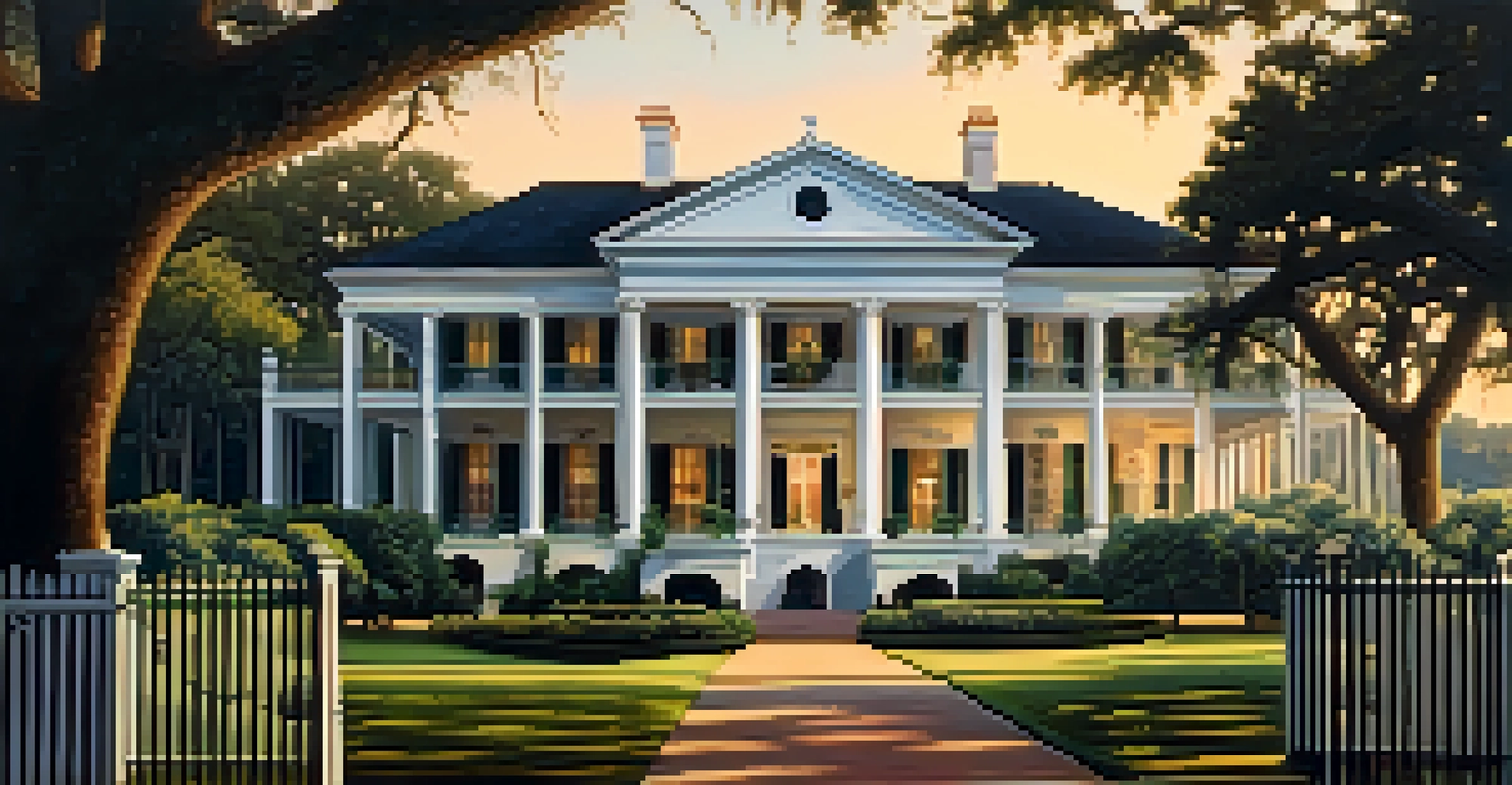 An aerial view of a grand plantation home in Louisiana, surrounded by oak trees and gardens, with the sunset casting a warm glow.