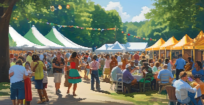A colorful outdoor festival scene with diverse people enjoying Southern food and music, surrounded by tents and nature.