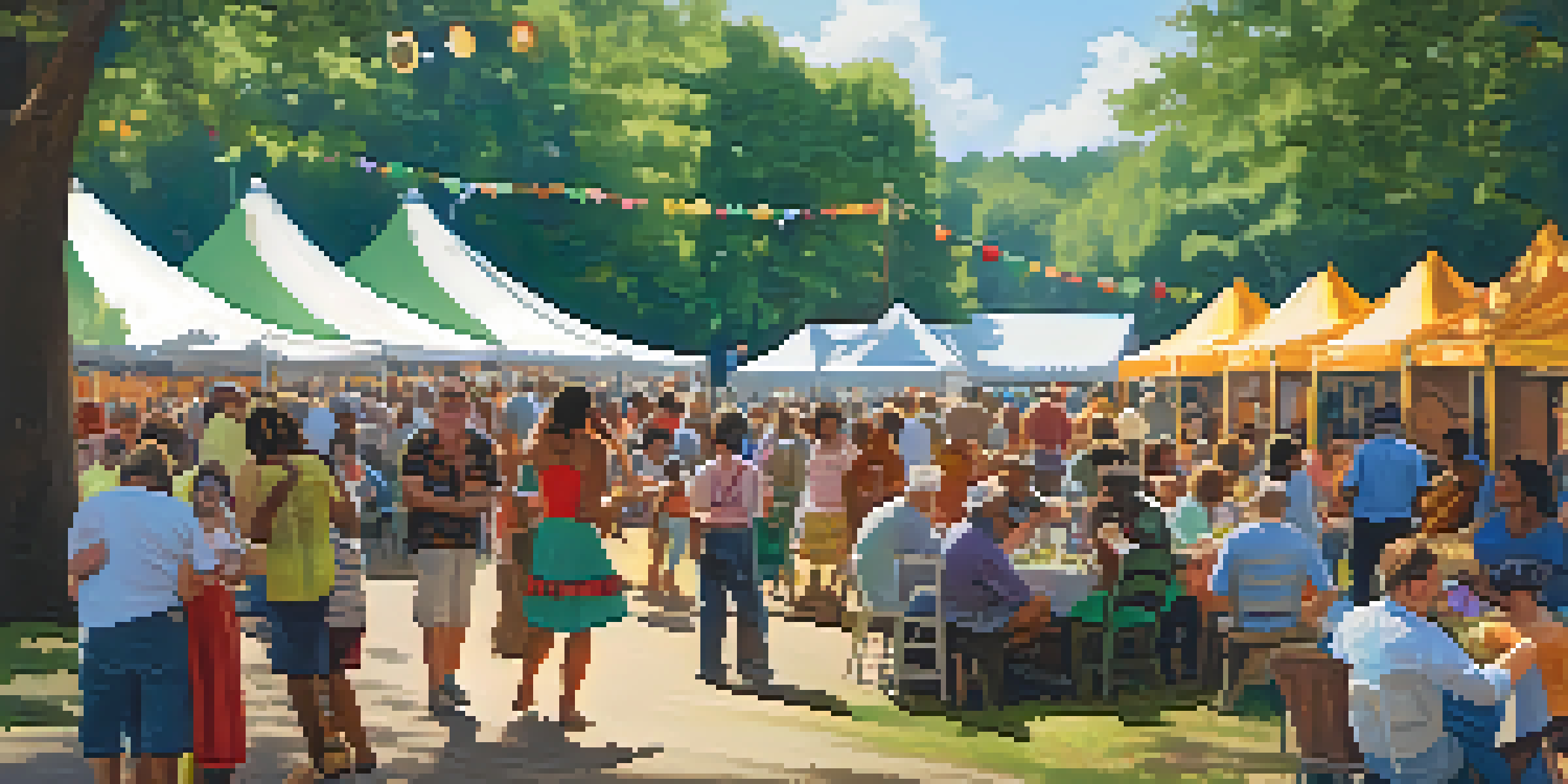 A colorful outdoor festival scene with diverse people enjoying Southern food and music, surrounded by tents and nature.