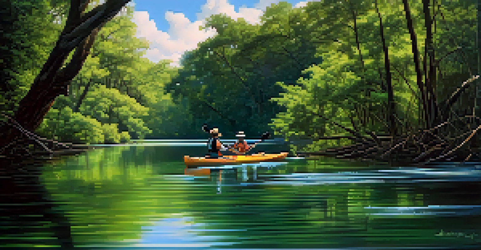 A group kayaking on Bayou Teche with lush greenery and a heron fishing nearby.