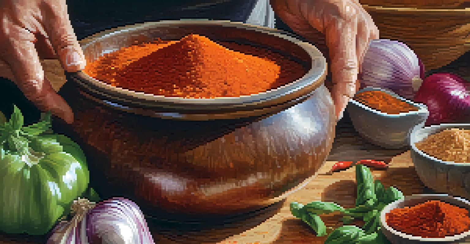 A chef's hands mixing spices in a bowl, with fresh herbs and vegetables in the background, showcasing vibrant colors and textures.