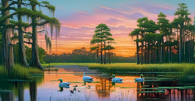 A picturesque bayou at sunset with cypress trees, ducks on the water, and wildflowers in the foreground.