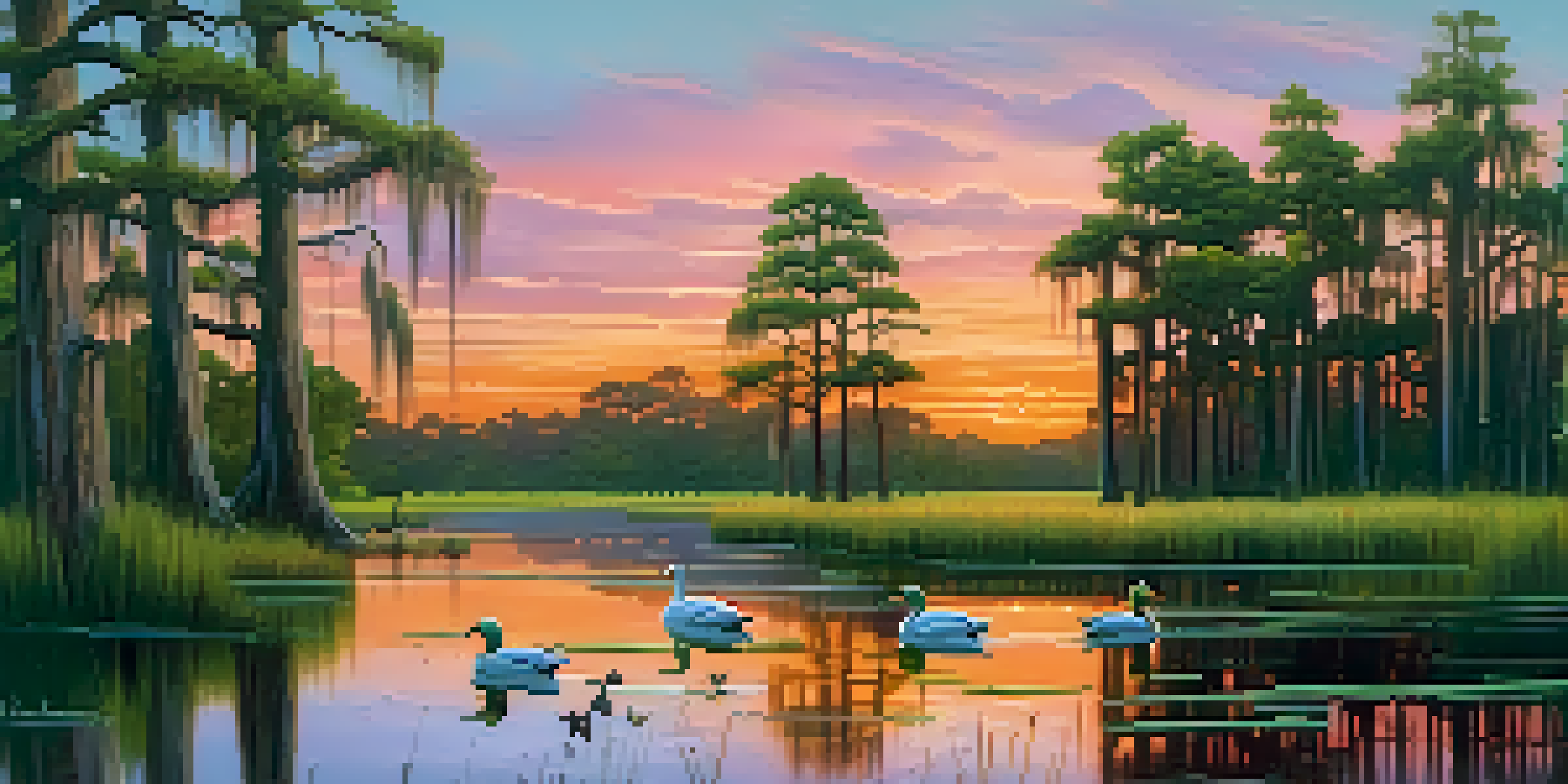 A picturesque bayou at sunset with cypress trees, ducks on the water, and wildflowers in the foreground.