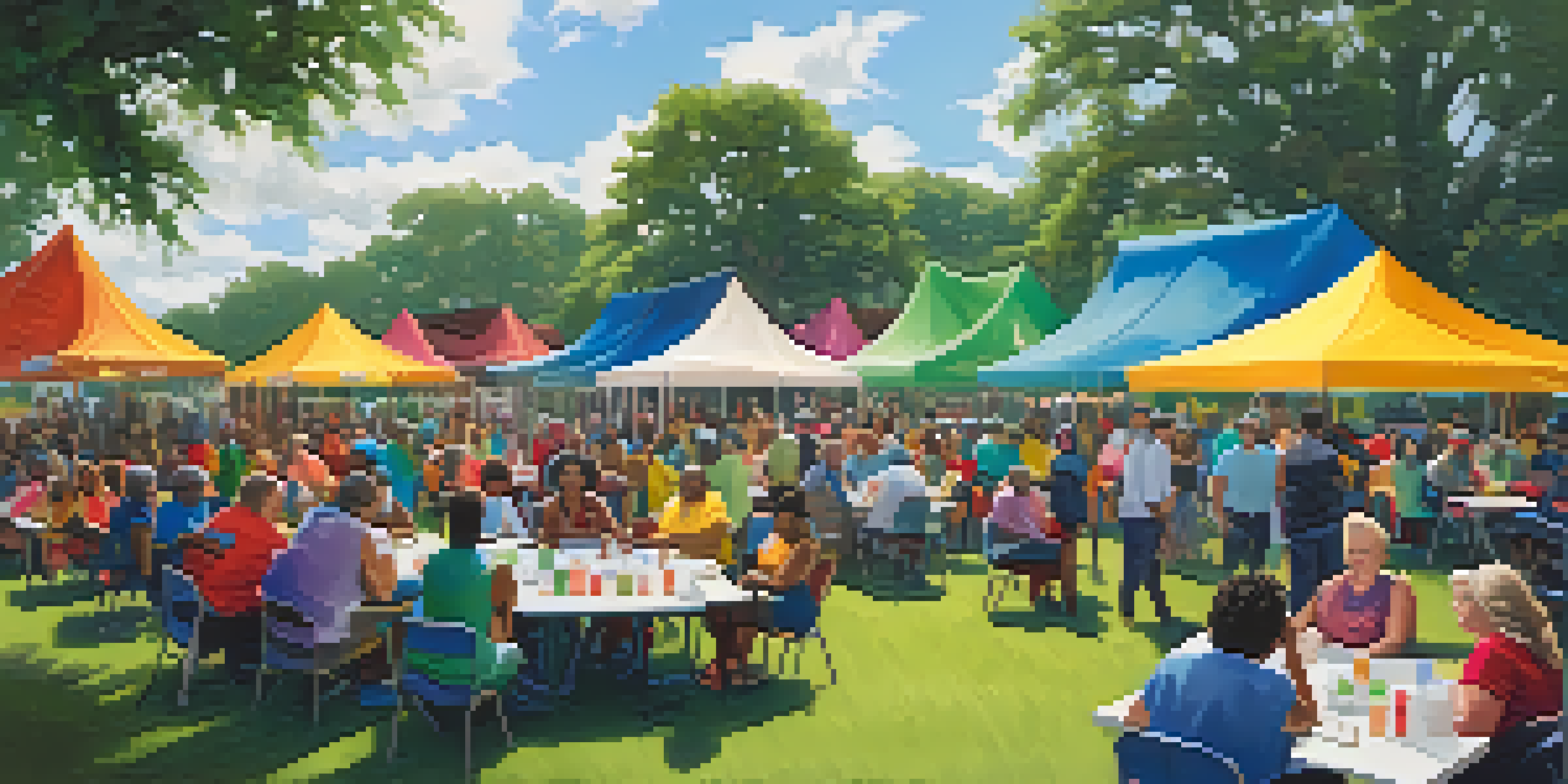 A diverse group of community members in Louisiana participating in a hurricane preparedness workshop outdoors, with colorful tents and supplies around them.