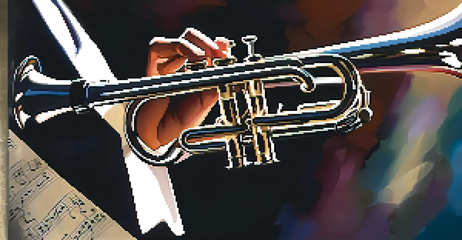 A close-up of a musician's hands playing a trumpet, with sheet music in the background.