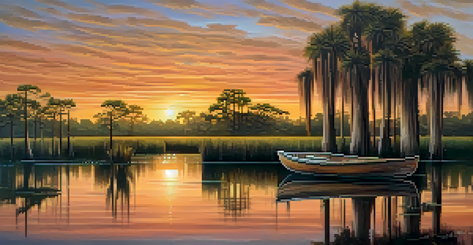 A tranquil Louisiana bayou at sunset with cypress trees and a small wooden boat on the water.