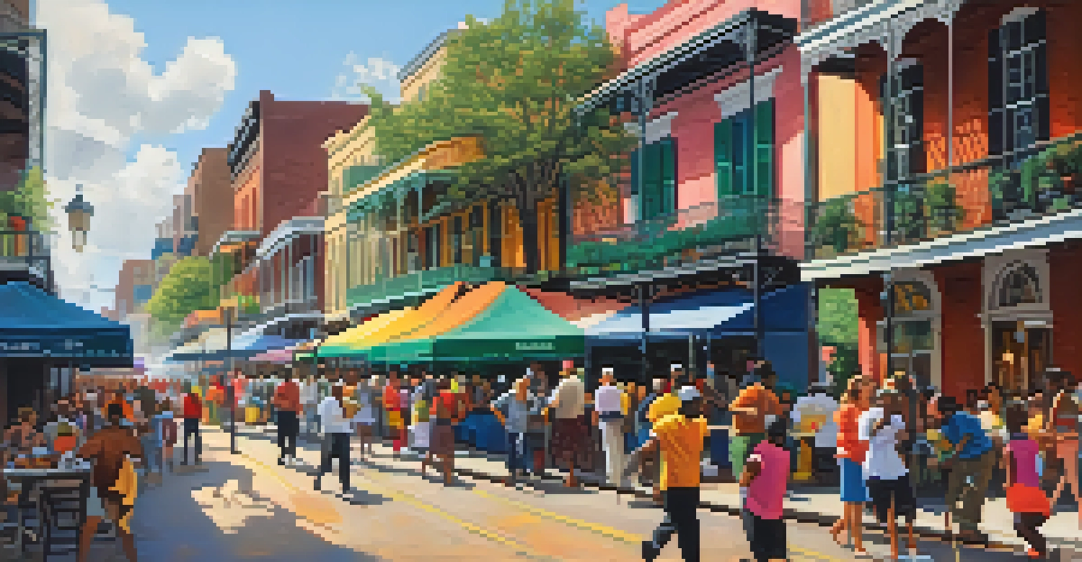 A bustling festival in New Orleans with diverse people, music, and colorful decorations.
