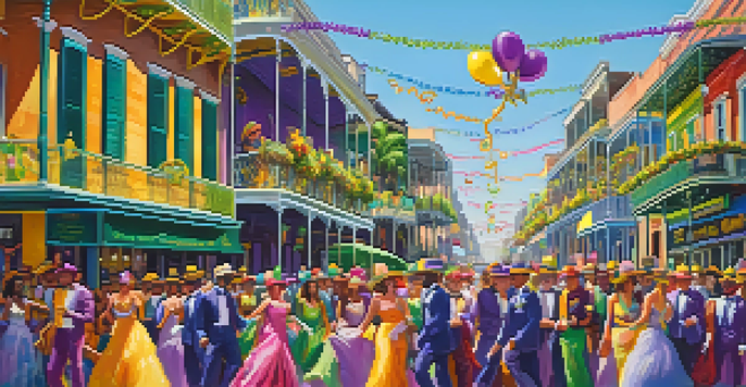 A lively Mardi Gras celebration in New Orleans with colorful floats and participants in festive costumes dancing under a clear sky.