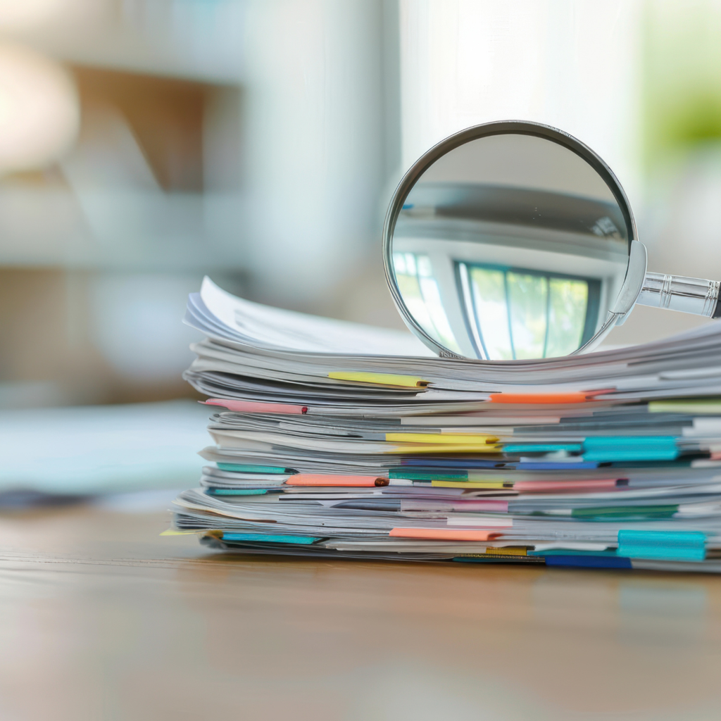 Ein Stapel an Dokumenten und eine Lupe