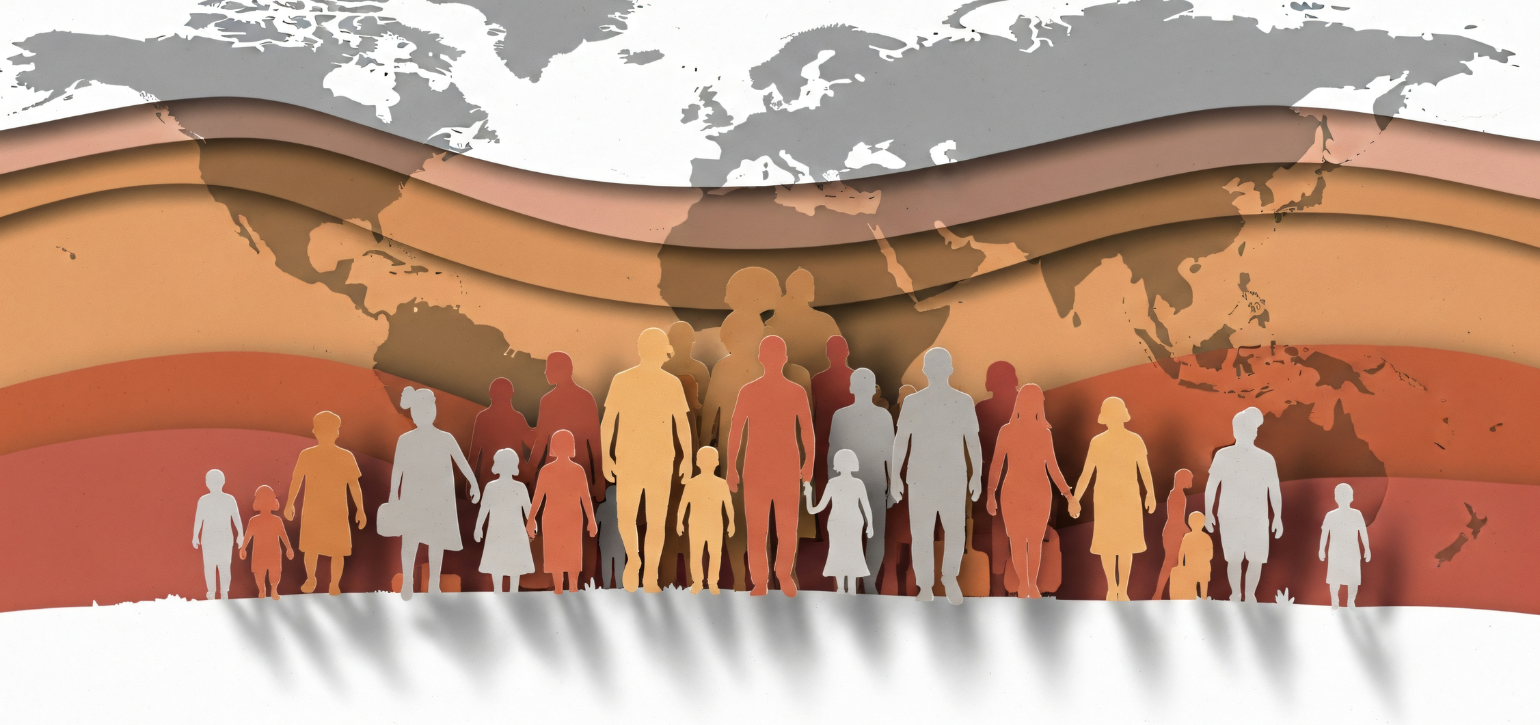 people standing in front of a wave background with a world map behind