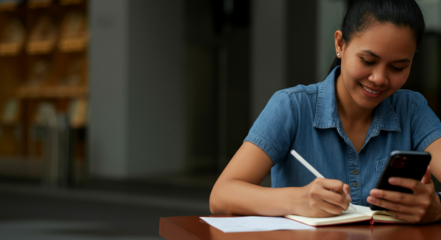 Isang OFW na masayang nagba-budget ng kanyang sweldo