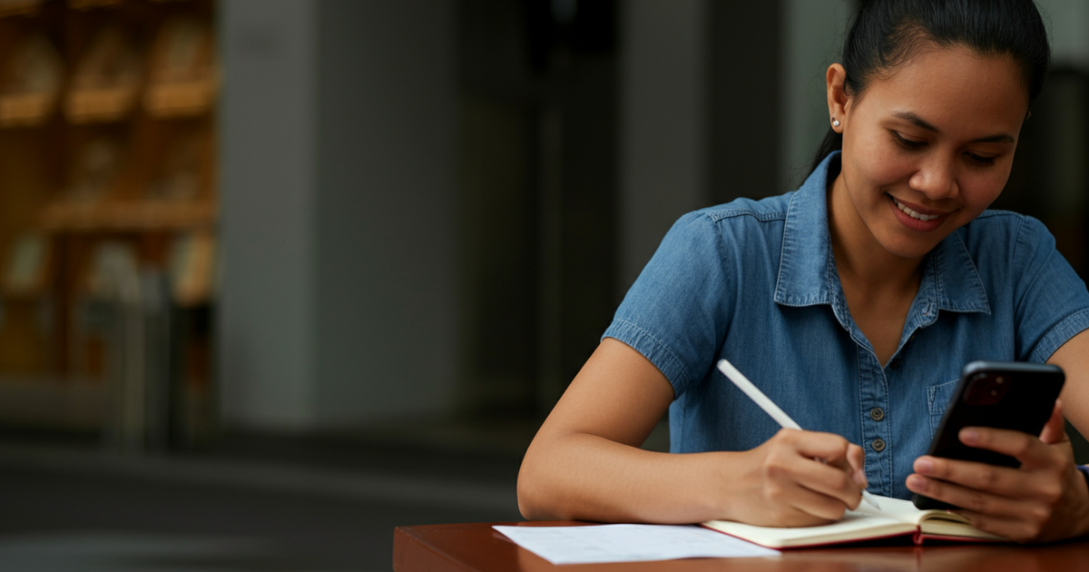 Isang OFW na masayang nagba-budget ng kanyang sweldo