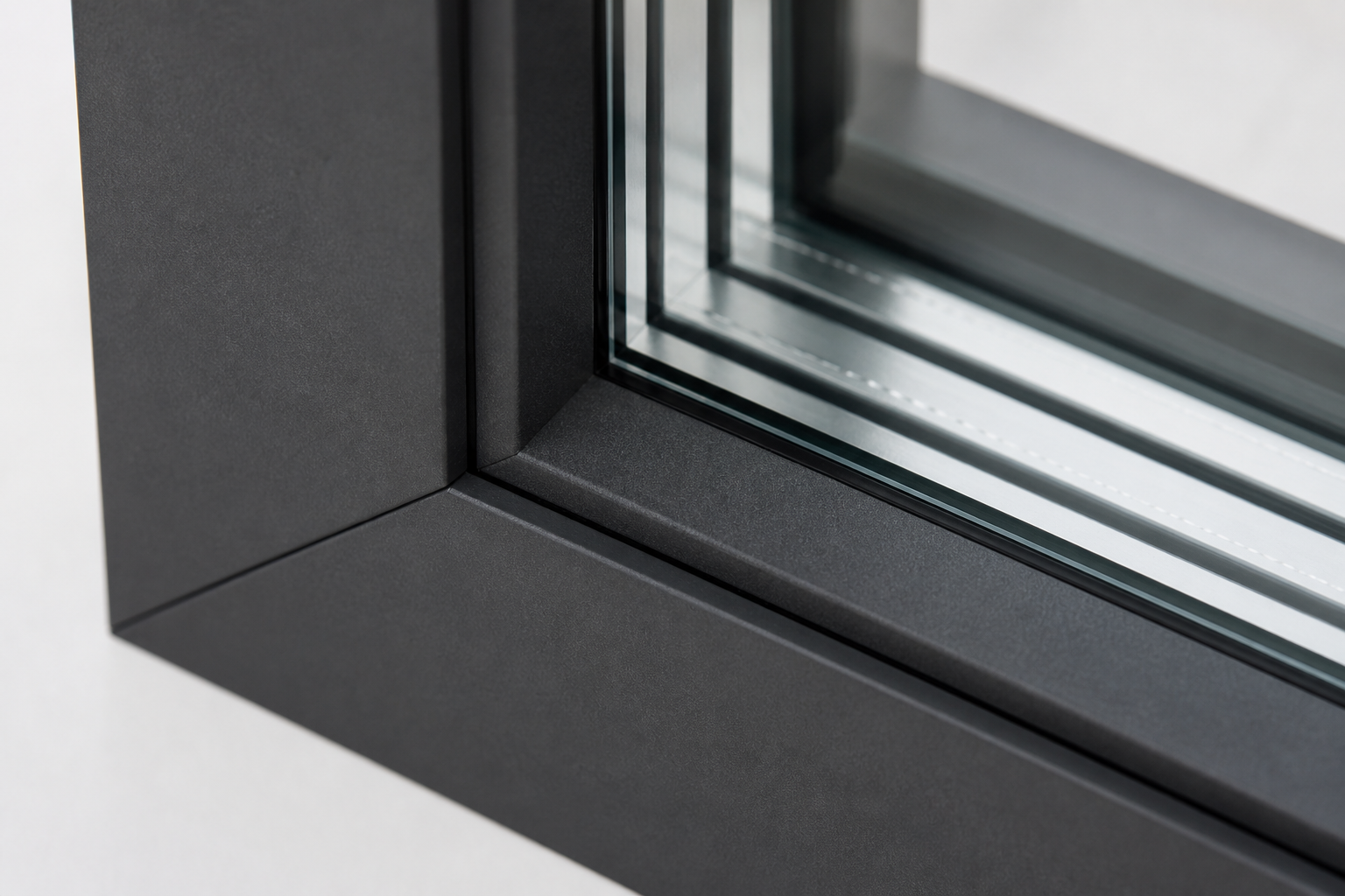 Close-up af slankt vinduesprofilsnit i antracit aluminium