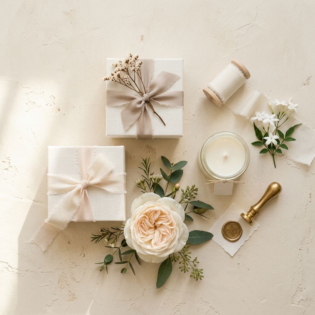 Ivory wedding florals and stationery arranged on linen