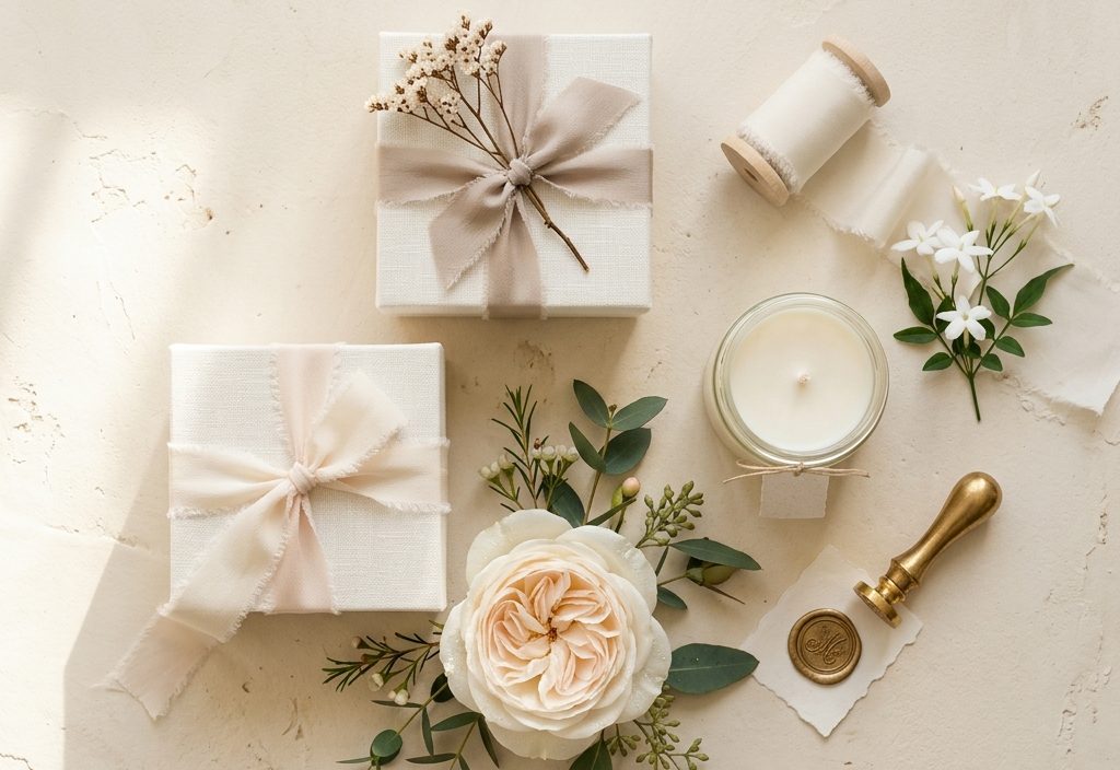 Ivory wedding florals and stationery arranged on linen