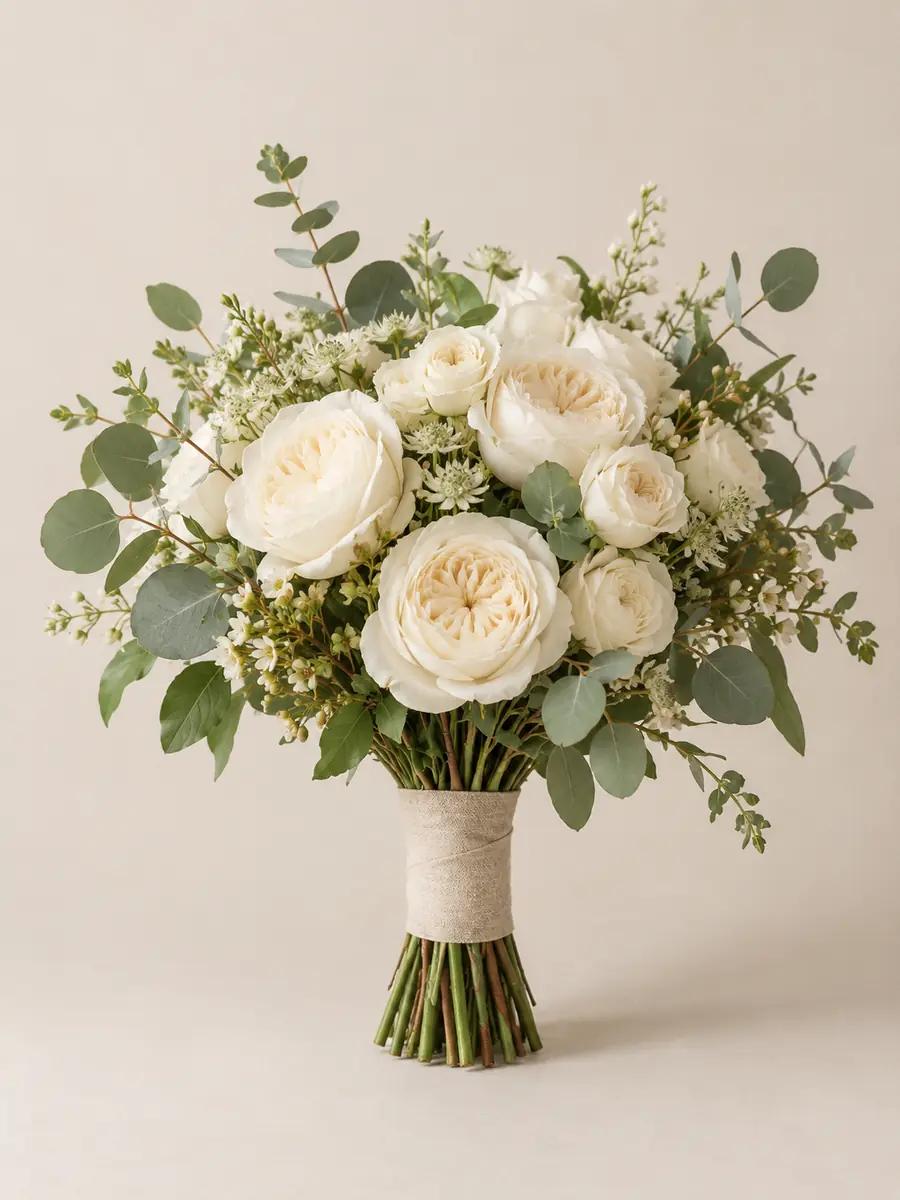 Ivory garden-rose and eucalyptus bridal bouquet wrapped in linen