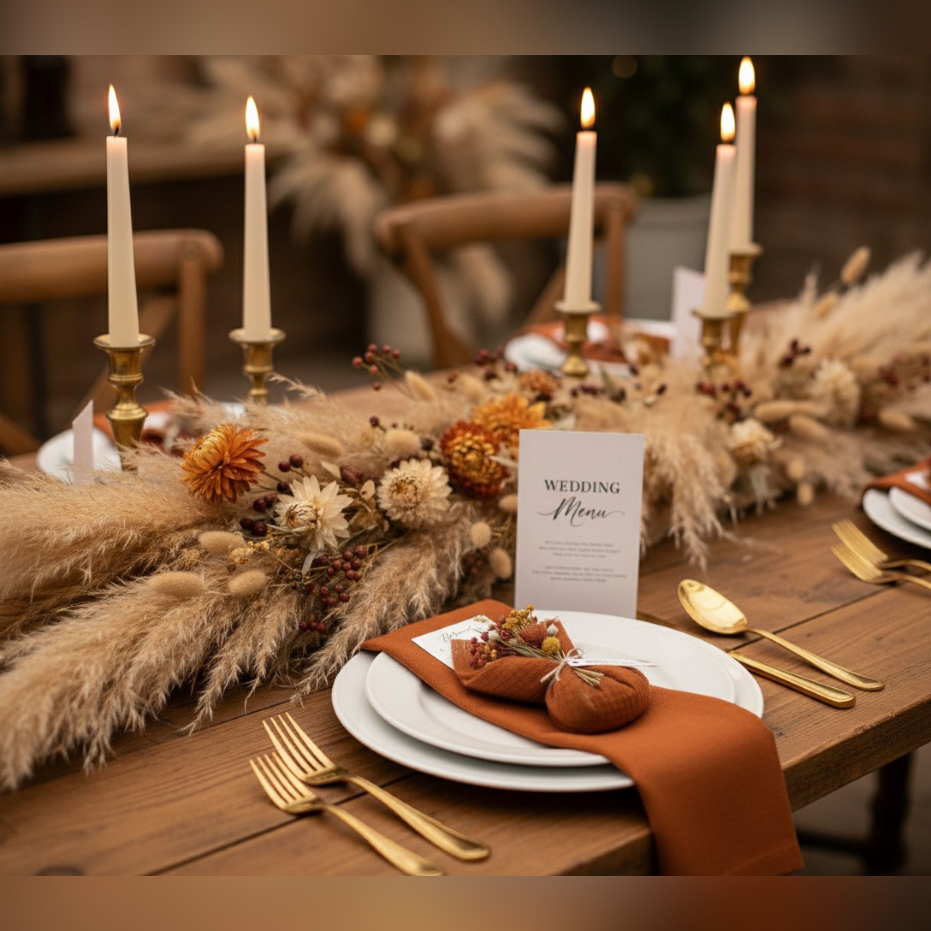 A candlelit reception table with dried grasses, a tied favour pouch resting on each plate