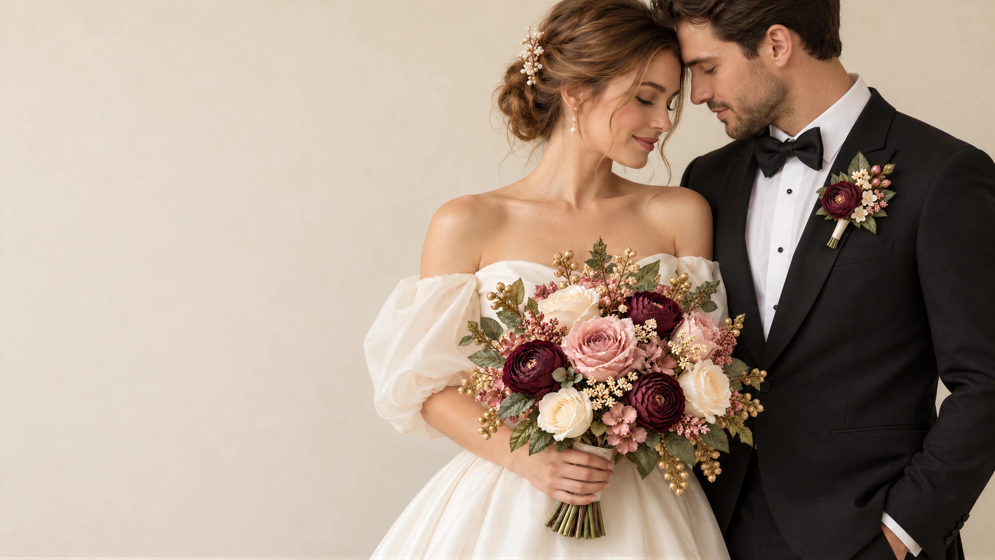 A bride and groom side by side, her bouquet and his boutonniere in matching burgundy and blush silk florals