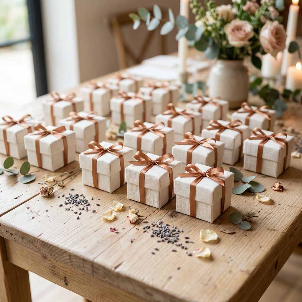 Wedding favours arranged on neutral linen