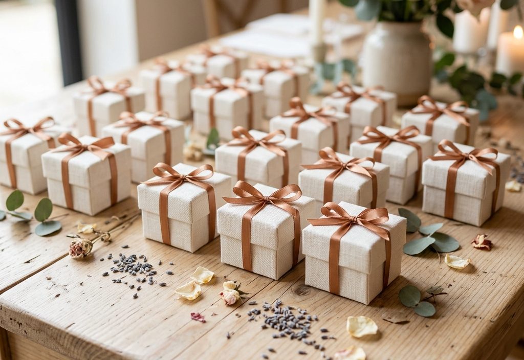 Wedding favours arranged on neutral linen