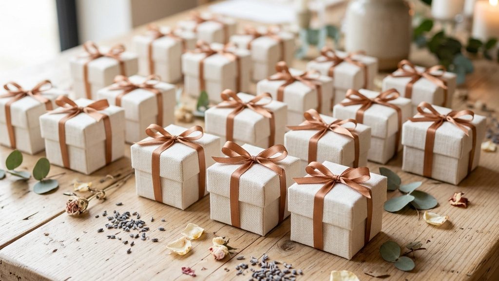 Wedding favours arranged on neutral linen