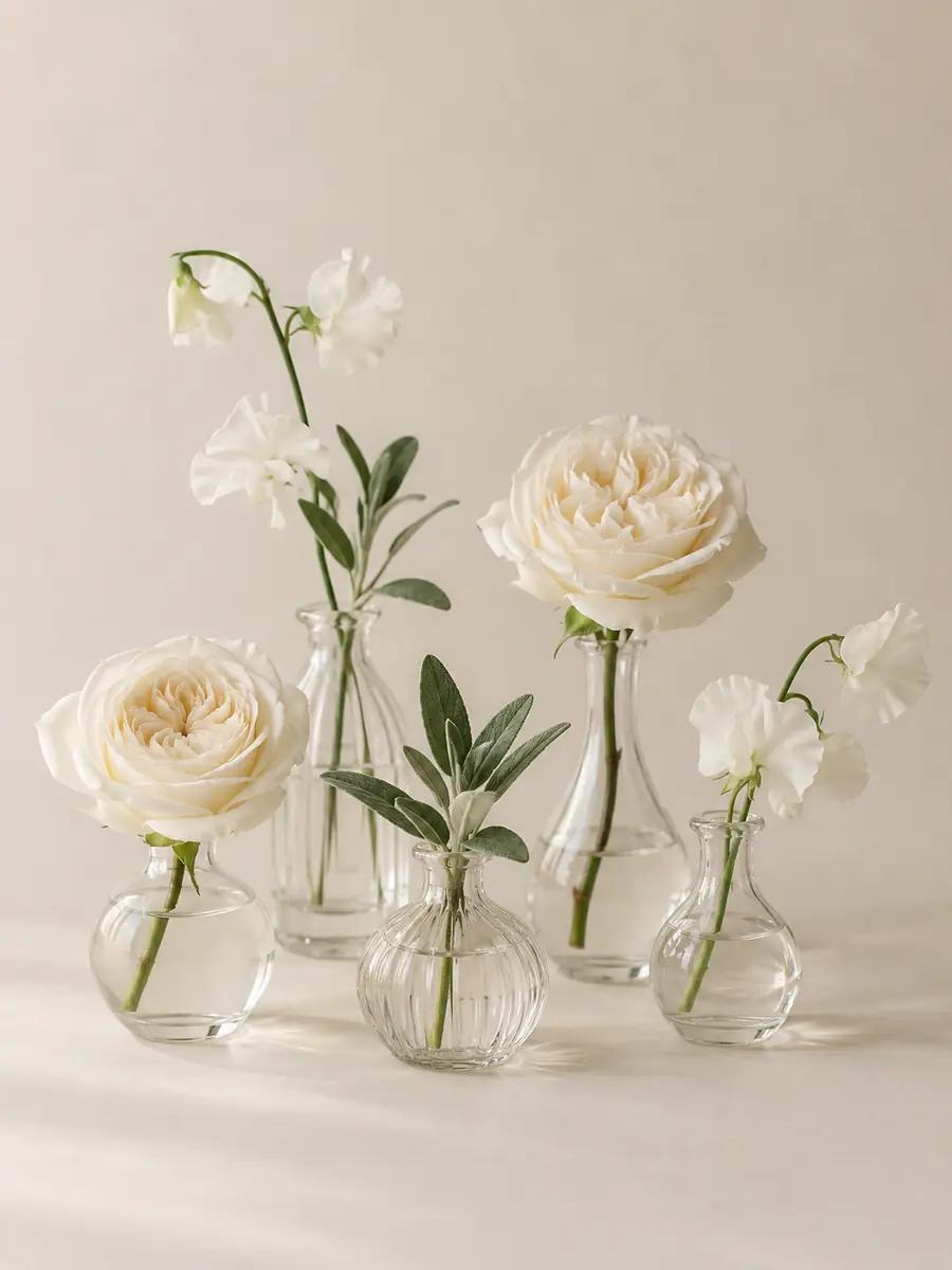 Glass bud vases holding garden roses, sweet peas and sage