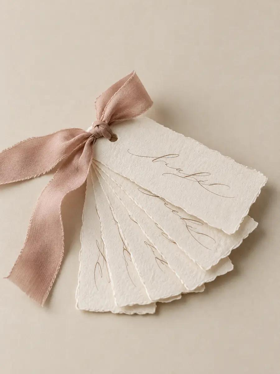 Hand-lettered cotton-paper place cards tied with dusty-rose silk