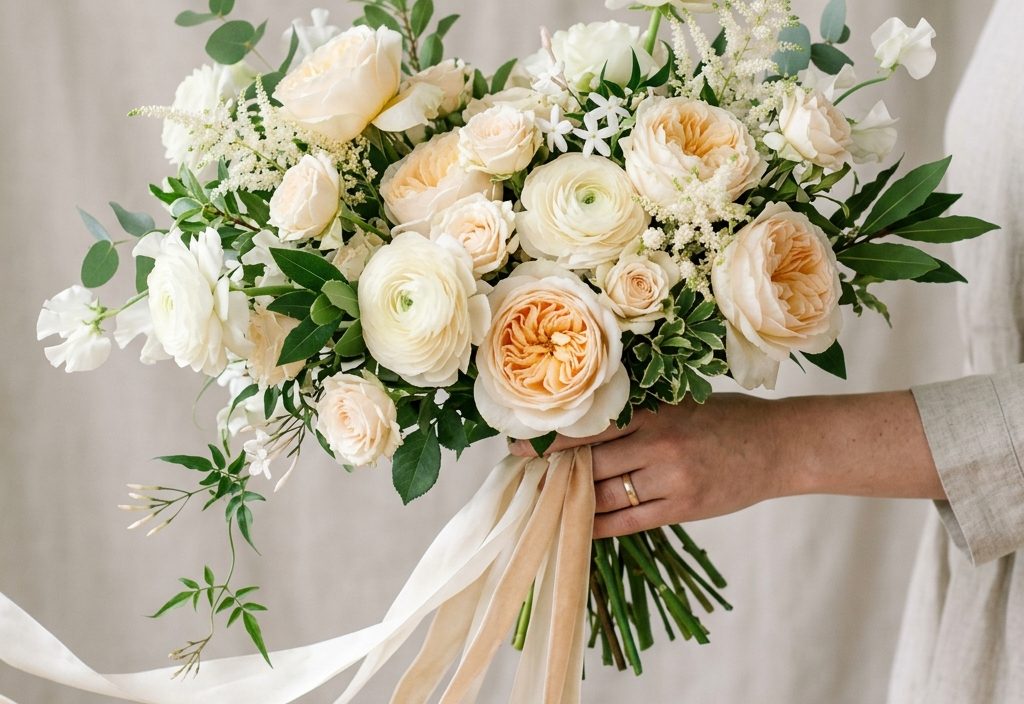 Ivory artificial bridal bouquet with layered florals