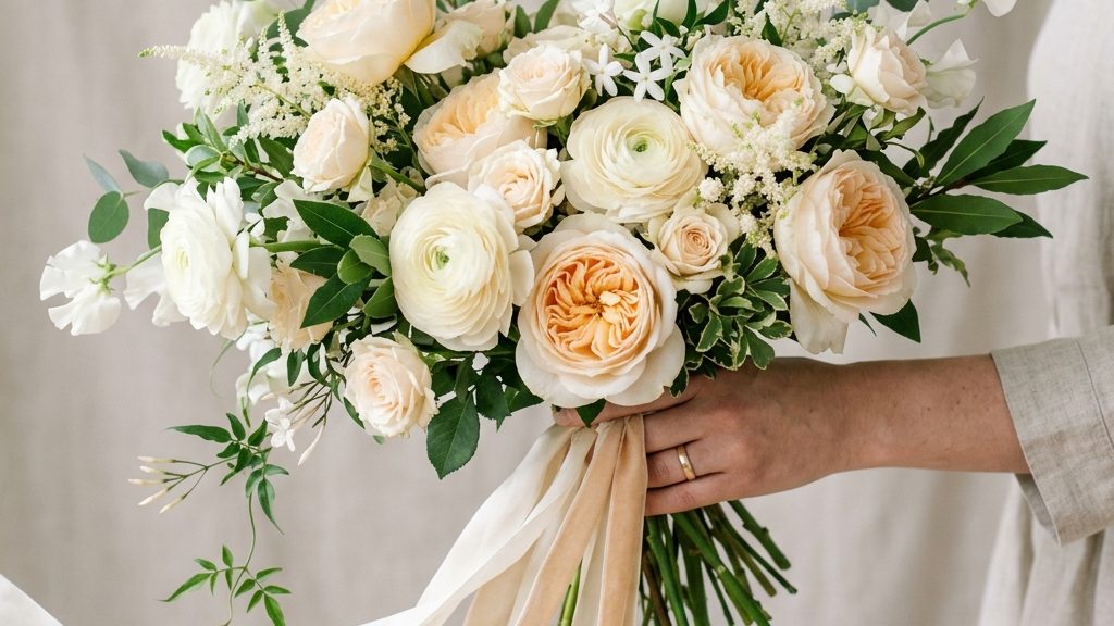 Ivory artificial bridal bouquet with layered florals