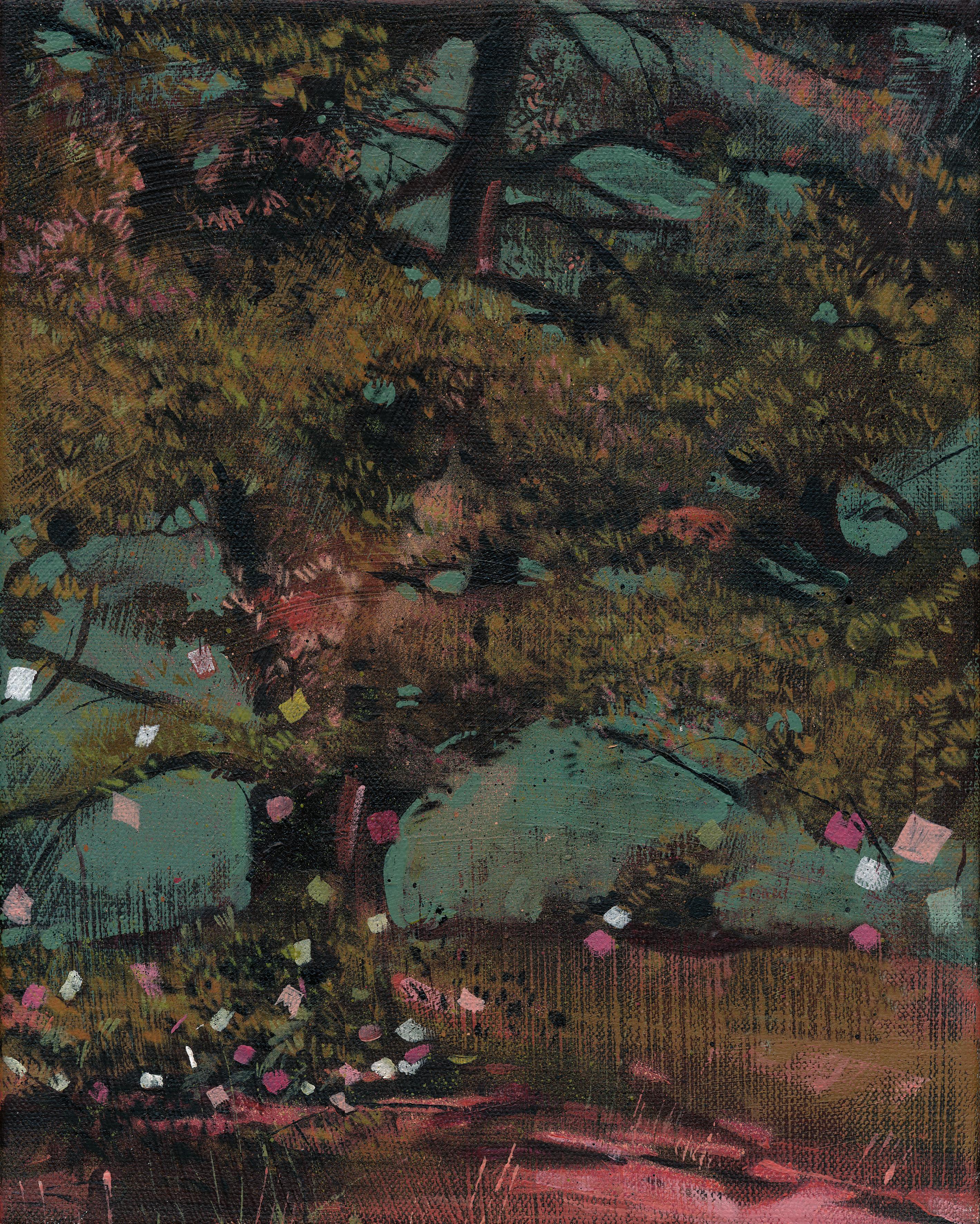 Reddish color on the ground, greenish-gray background color, tree with patches in different colors