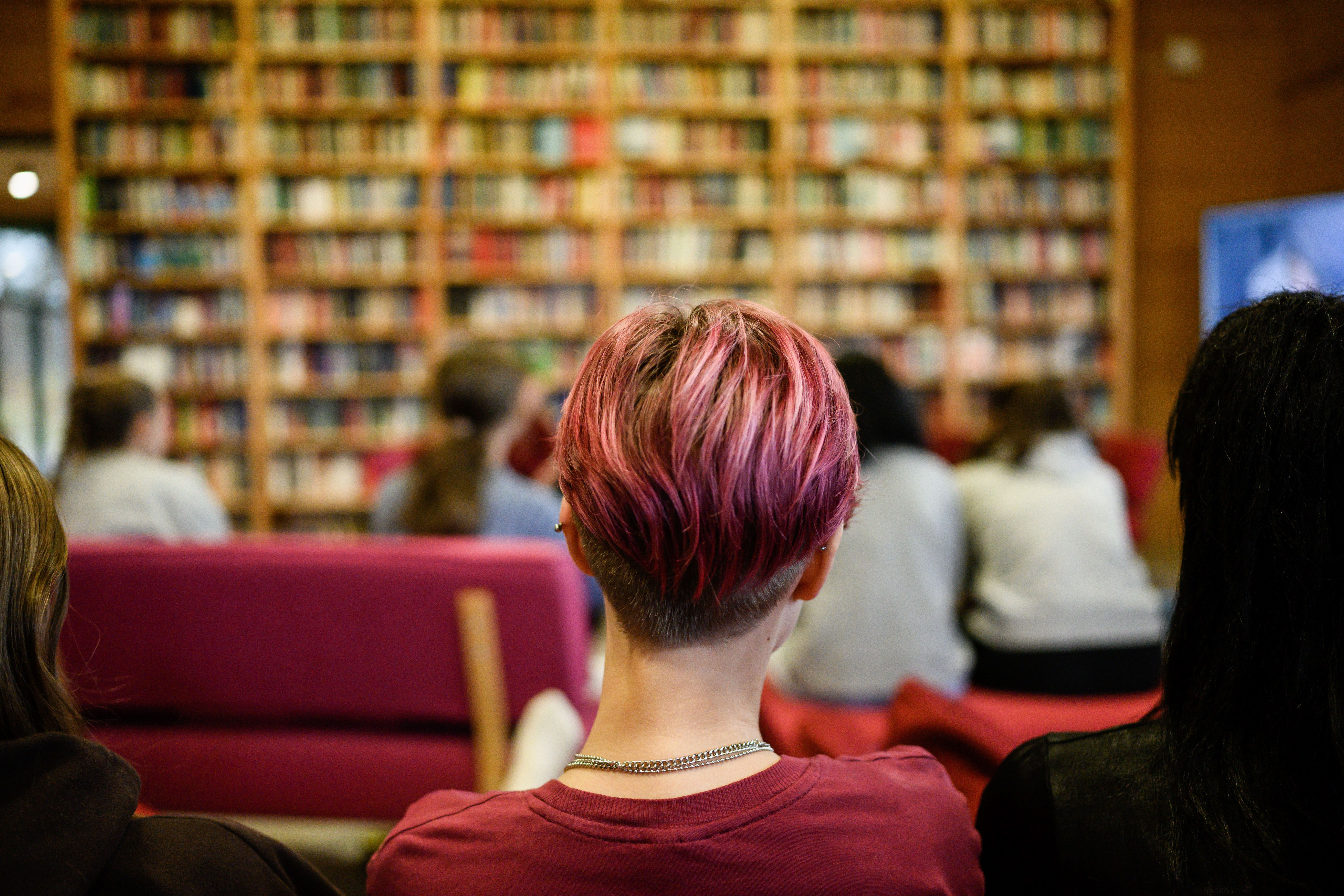  Two young people at the front of the picture. A person dressed in a red sweater with short pink hair, and a person dressed in black, sit and look ahead. Blurred image with an unknown number of people and a bookshelf in the back of the image.
