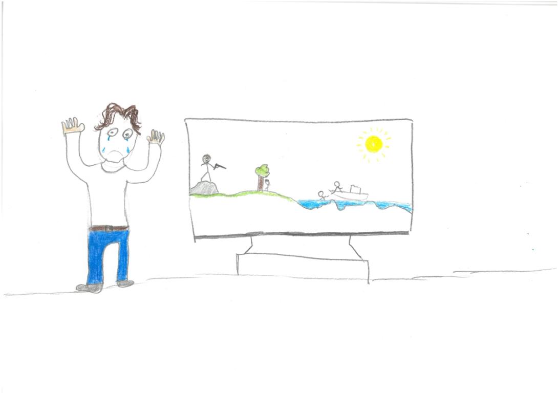 Tegning av gutt som gråter. En tv med en person med pistol og en båt med to mennesker. 