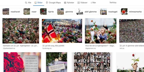 Skjermdump fra internett. små bilder som viser flagg, roser, mennesker, ansikter