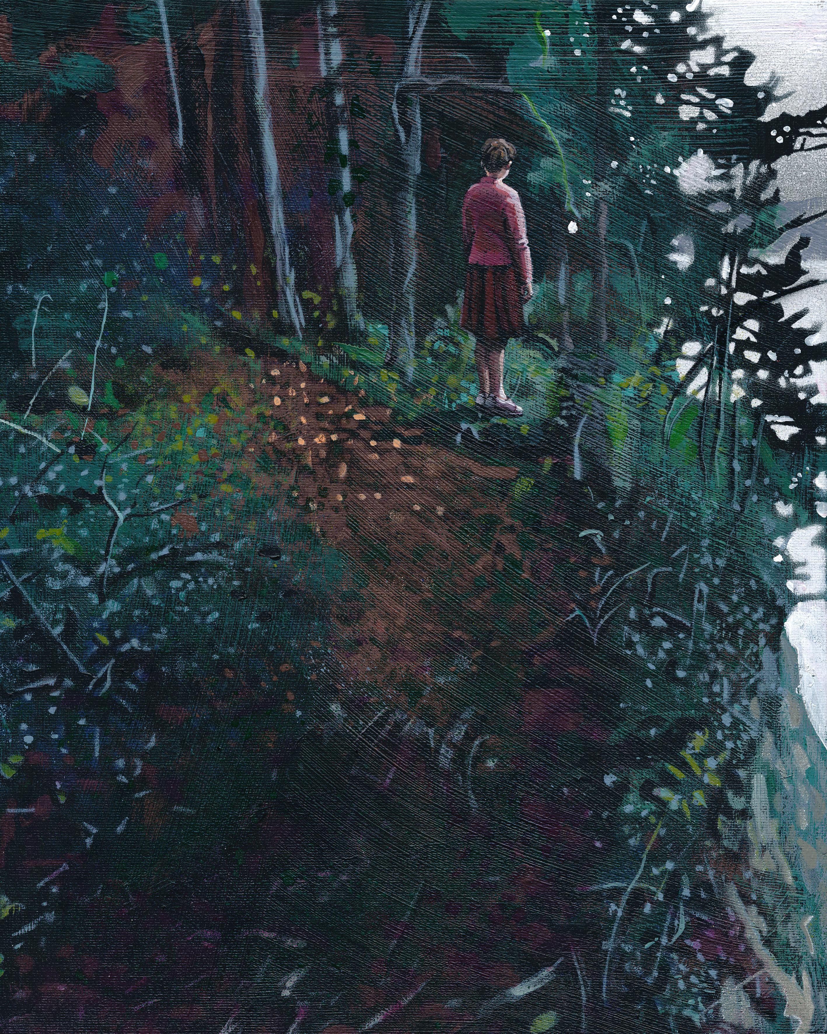 Tegning: Grønne busker og trær. Brunfarget sti. Klippeformasjon. Person i rosa og rød kjole, stående med ryggen til og se utover klippen. 