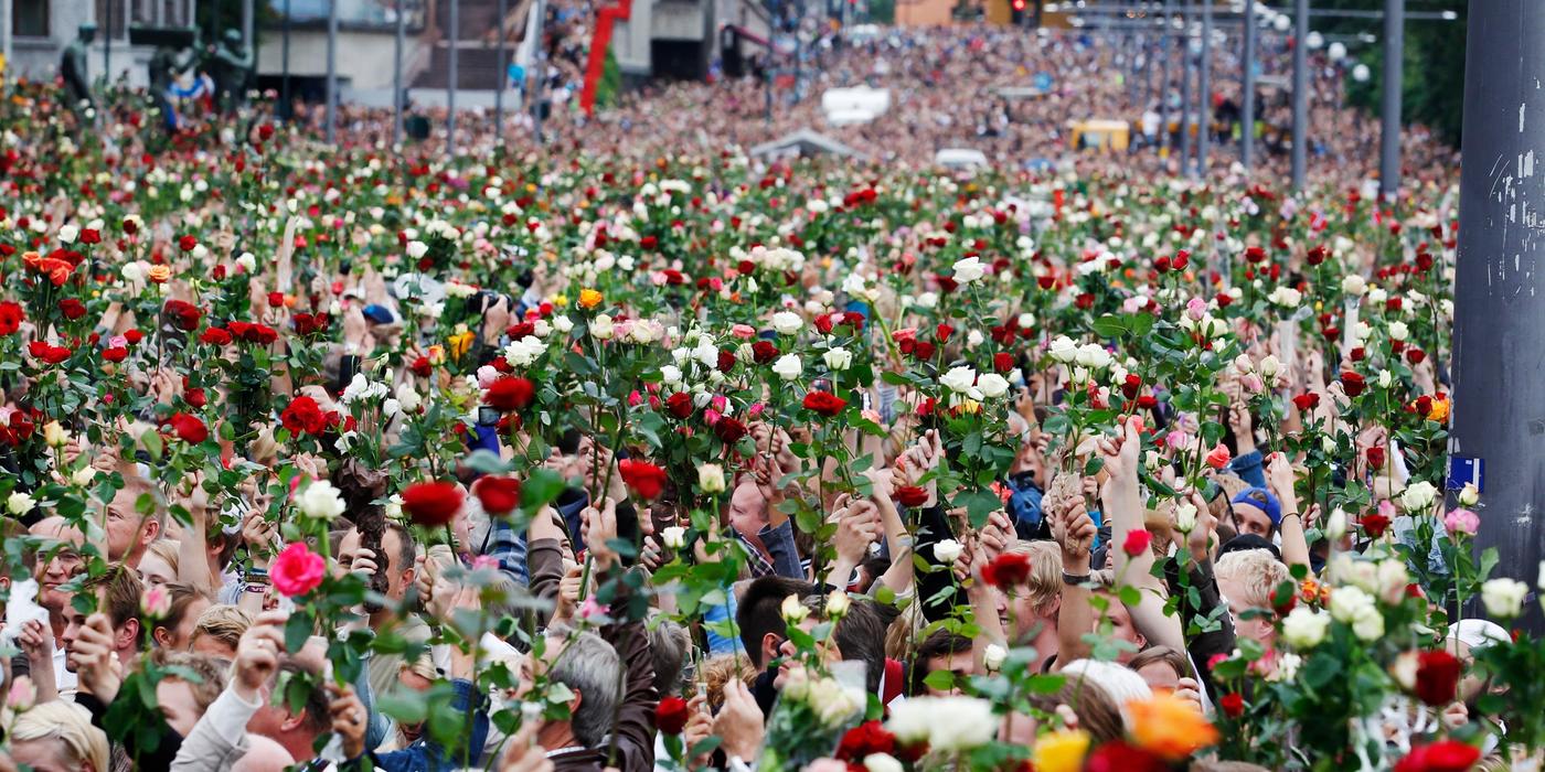 Image of a dense crowd holding up a rose.
