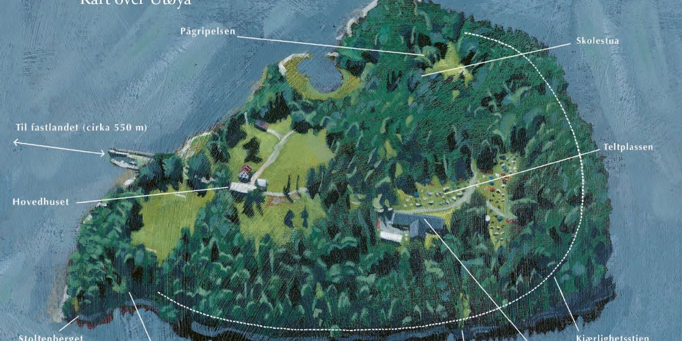 Illustration of an island with the inscription "Map of Utøya". Several buildings and forest are visible on the island.