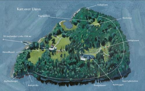 Illustrasjon av øy med påskrift "Kart over Utøya". På øya synes flere bygninger og skog. 