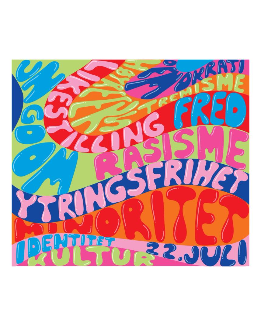 Illustrasjon med fargerik bakgrunn og fargerik typografi, der det leses "Demokrati. Høyreekstremisme. Likestilling. Fred. Ungdom. Ungdom. Ytringsfrihet. Minoritet. Identitet. 22. juli. Kultur".