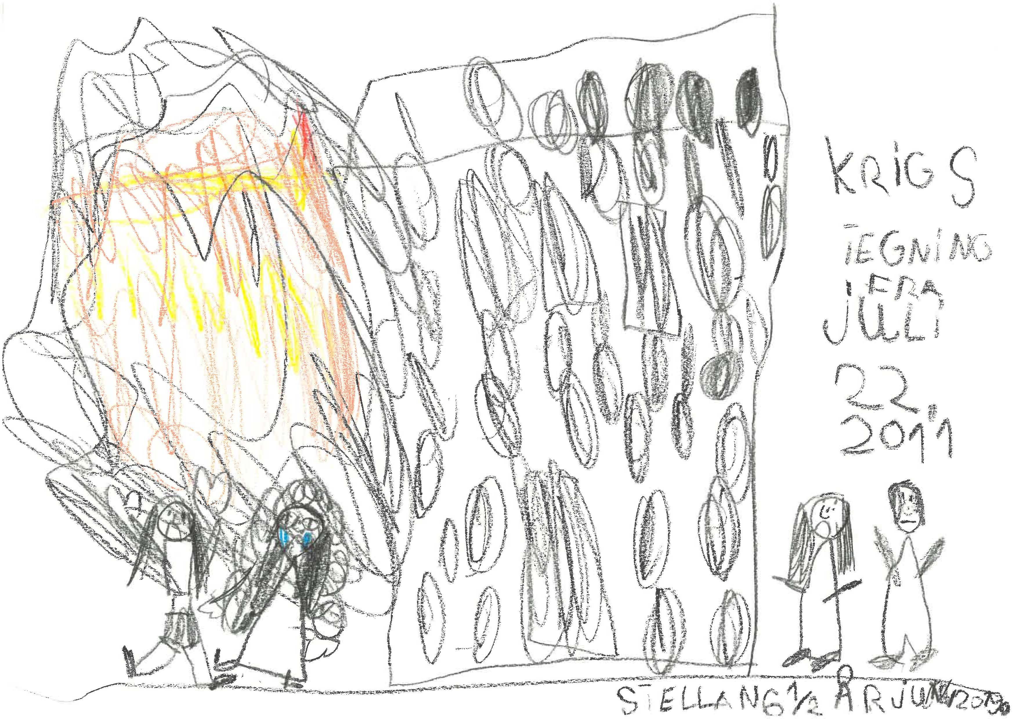 In the children's drawing, you see a drawn building with what may be many windows, an explosion and four people. On the right it says: War drawing from July 22 2011. Drawn by Stellan 6 1/2 years old in June 2022.