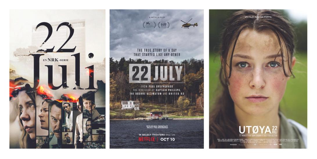 Three film posters in a row. To the left "22. juli" An NRK series. People and buildings in the background with burning across the poster. The poster in the middle "22 July", a film by Paul Greengrass. Landscape picture, water in the foreground, and island with trees in the background. Poster to the left "Utøya 22. juli".  Portrait of woman with dirt in her face.