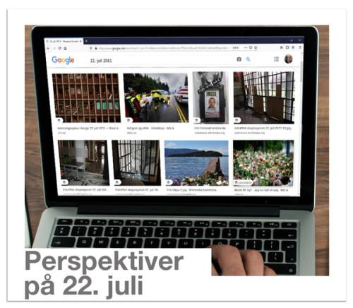 Pc-skjerm med hånd som har søkt på 22.juli i emnefeltet på google