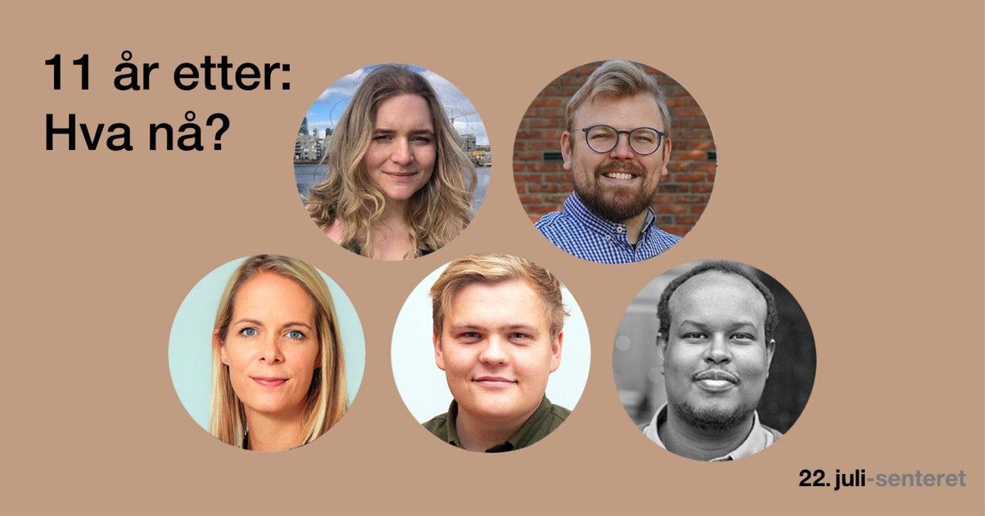 Illustration photo for event with five portrait photos in round cut put on two lines, two portaits on top, three at the bottotm, placed on a light brown background. The text reads 11 years on: What now? The 22 July Centre's black and white logo is in the bottom right corner.