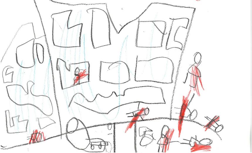 Barnetegning av en bygning med mennesker med røde streker. Blyant på papir.