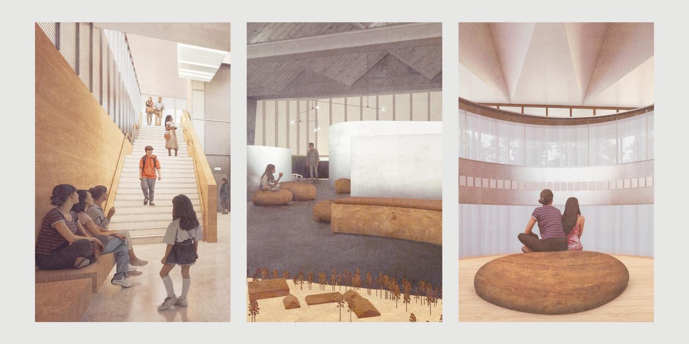 Skisser for resepsjon, kjerneutstilling og minnerom i nytt permanent senter